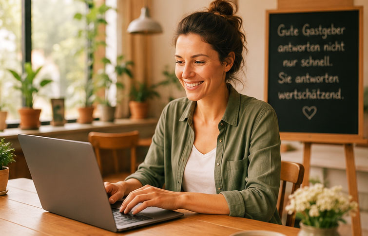 seminarhauspartner.blog | Antwort auf Gästeanfragen - lächelnde Frau am Laptop wegen persönlicher Antwort