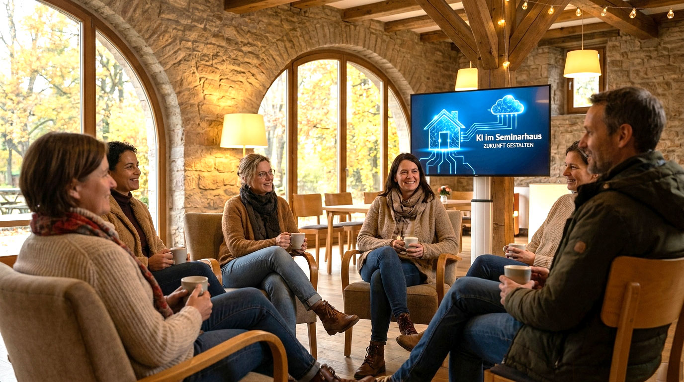 Teilnehmer*innen eines Workshops sitzen in einem gemütlichen Seminarraum mit historischem Mauerwerk zusammen, trinken Kaffee und diskutieren über einen modernen Präsentationsbildschirm mit KI-Inhalten.