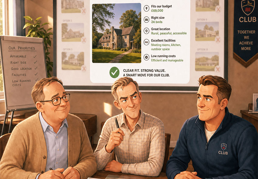 eminarhausPartner.Blog - Positionierung: Zehn Häuser, ein Eindruck - Einigkeit: Drei Männer um einen Tisch - im Hintergrund nur noch ein Seminarhaus auf der Leinwand zu sehen. Das Haus überzeugt.