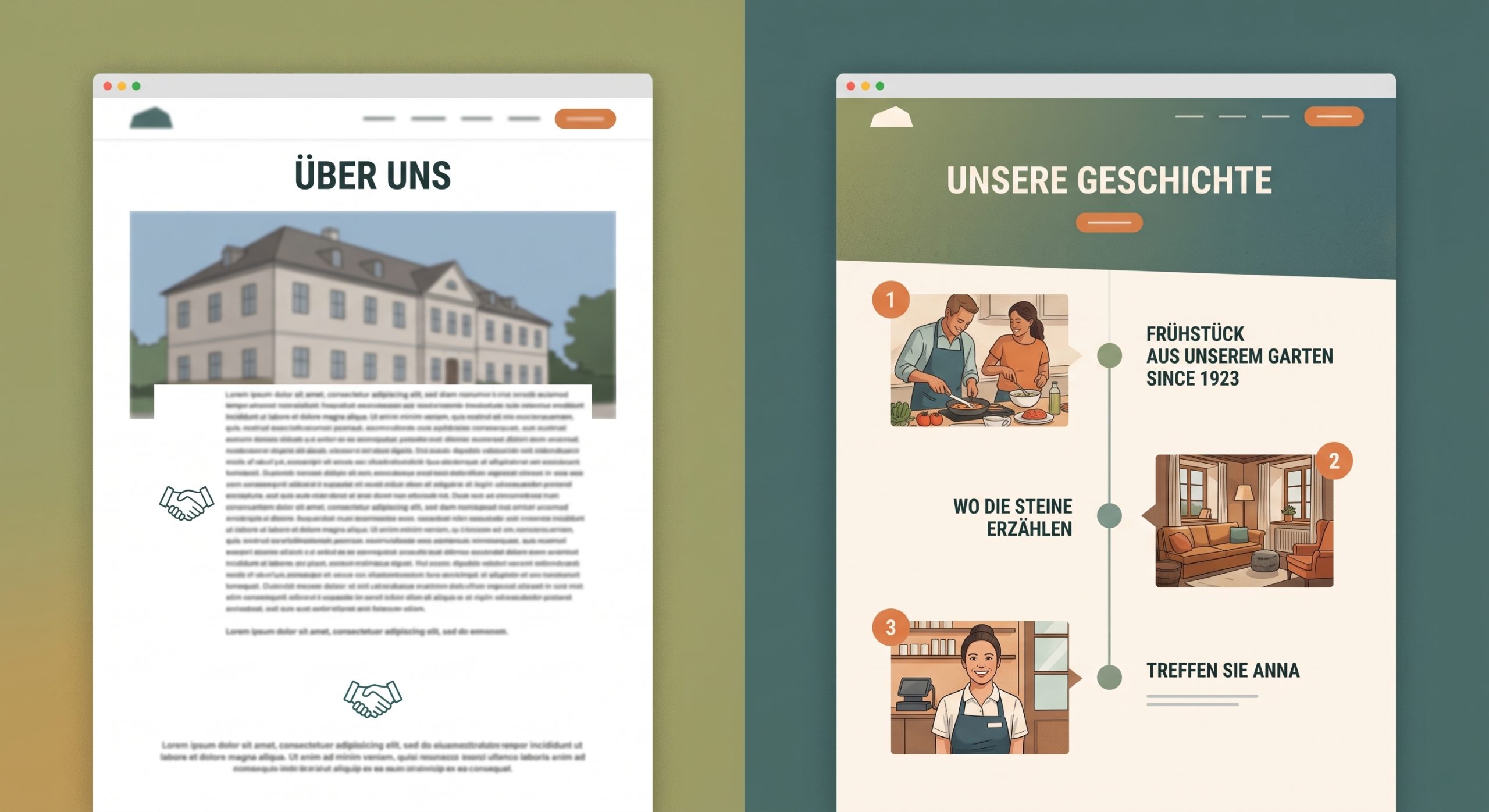 SeminarhausPartner.Blog - Storytelling für Gastgeber: Vergleichsgrafik zwischen einem lieblos und gebündelten Text über das Haus und einem aufgelockerten Beitrag mit kleinen Einwürfen.
