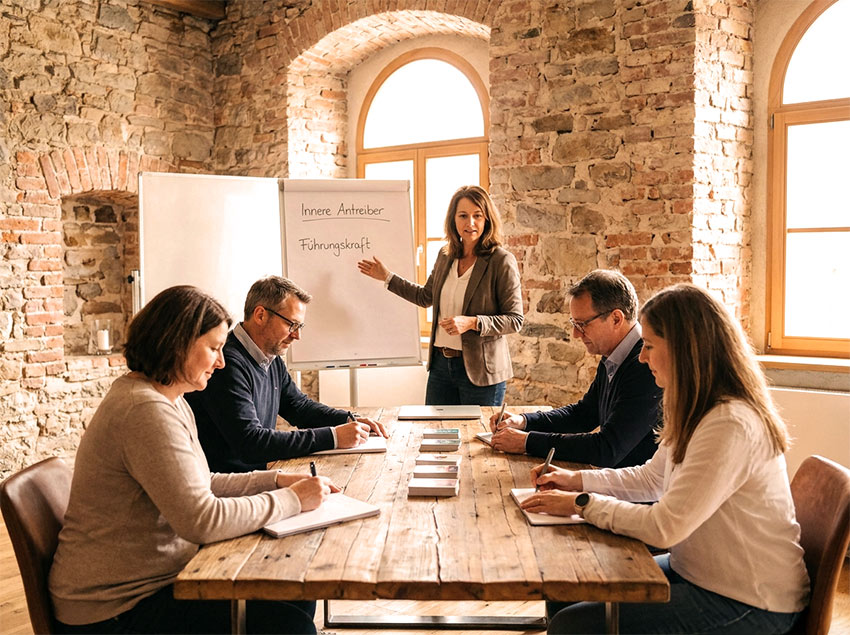 Eine konzentrierte, kleine Coaching-Runde von Gästehausbetreiber*innen sitzt vertrauensvoll an einem hellen Holztisch und arbeitet mit Notizbüchern und Moderationskarten an Führungsfragen.*